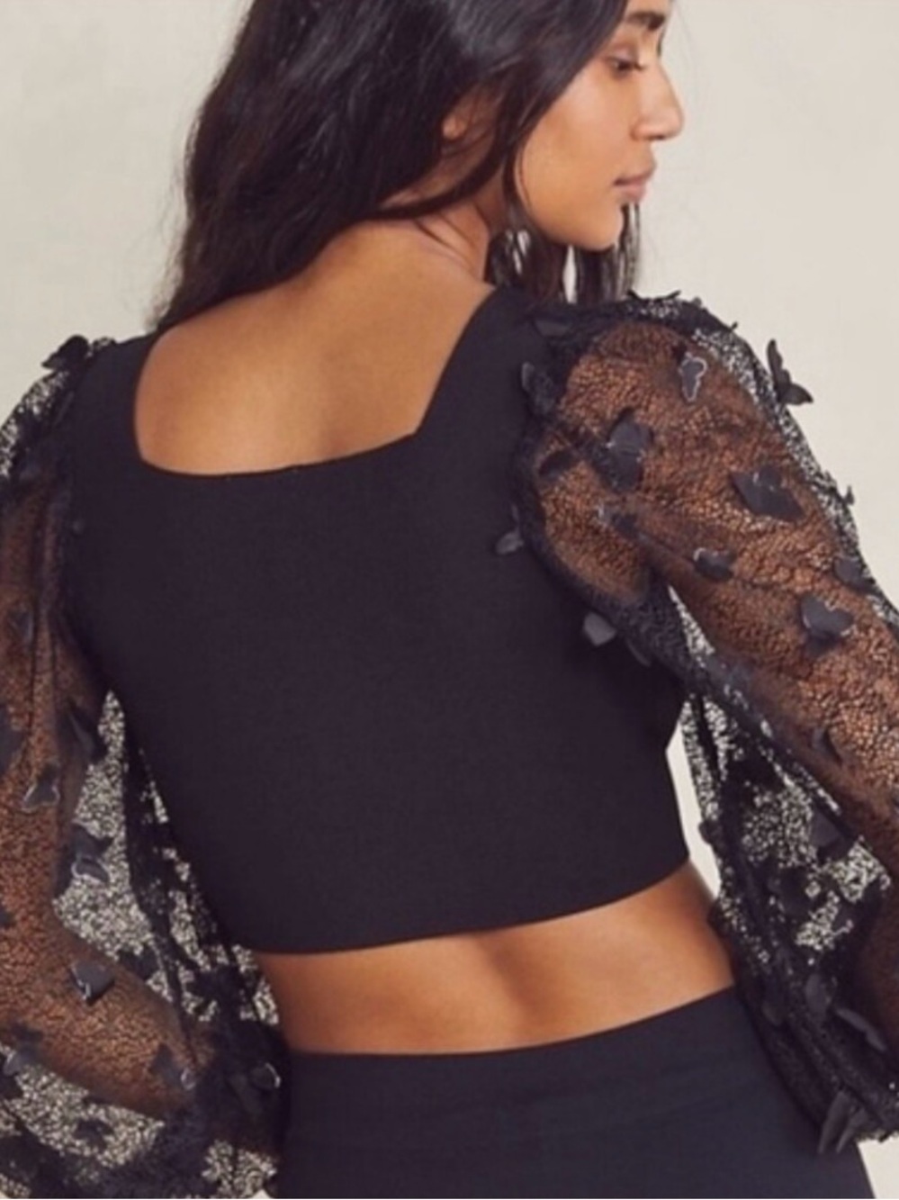 Intimately Free People Flutter Crop Top 3D Butterfly Black Sleeve Blouse Sz S - Picture 2 of 8